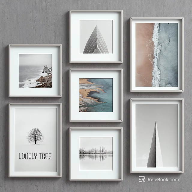 Framed Landscape Wall Art Collection with Seascape Tree Reflection and Geometric Design 3d model