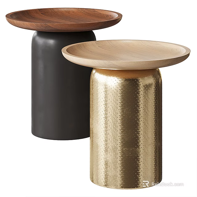 Modern Side Tables With Gold And Black Bases And Wooden Circular Tops 3d model 