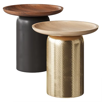 Modern Side Tables With Gold And Black Bases And Wooden Circular Tops 3d model