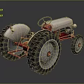 3D Model White And Red Tractor With Large Tires On Black Background And Reflections