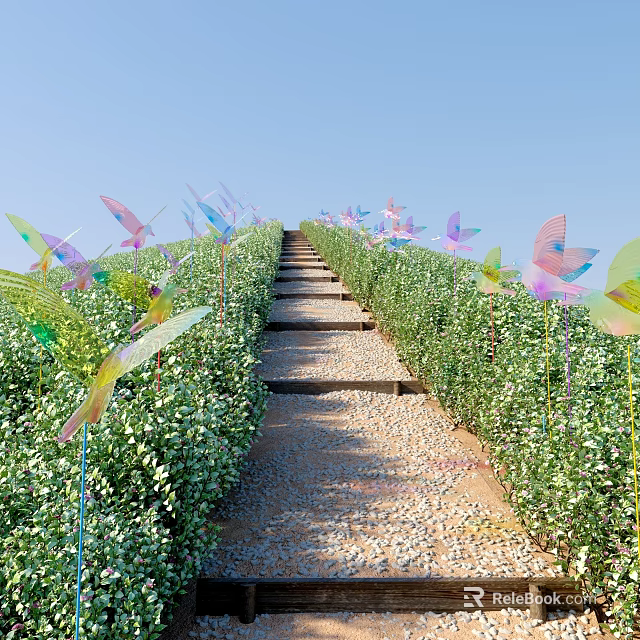 Colorful Butterfly Art Installation Along Stone Pathway With Green Shrubs And Steps 3d model 