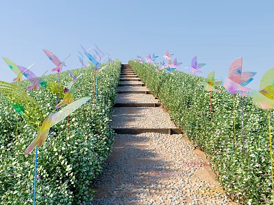 Colorful Butterfly Art Installation Along Stone Pathway With Green Shrubs And Steps 3d model