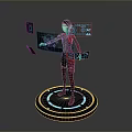 Woman Interacting With Floating Holographic Data Screens On Circular Tech Platform