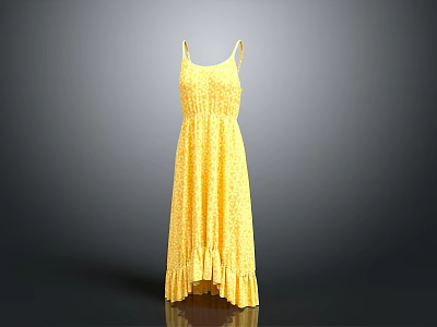 Stylish Yellow Floral Long Dress Featuring Spaghetti Straps And Ruffled Hem 3d model
