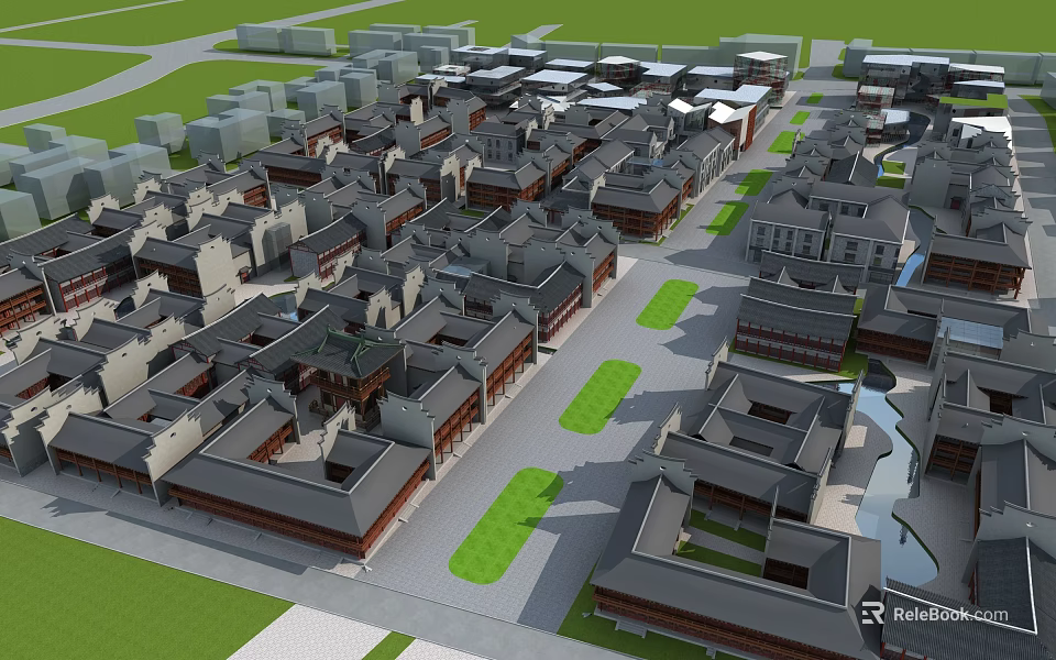 Ancient Architecture Cluster With Gray Tiled Roofs Multiple Courtyards And Green Lawns Layout 3d model
