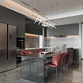 Restaurant Modern Kitchen With Gray Cabinets Stainless Steel Refrigerator Island Counter And Red Chairs