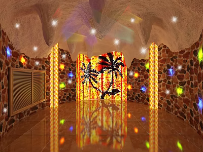 SPA Sauna Interior Design With Stone Walls Colorful Lighting Ceiling Lights And Reflective Floor 3d model