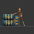 3D Character in Orange Blue Outfit with Creature Shaped Blue Yellow Striped Boxes
