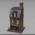 Two Story Brick Building With Chimney Gray Roof Stained Glass Yellow Light And Pumpkin Decorations