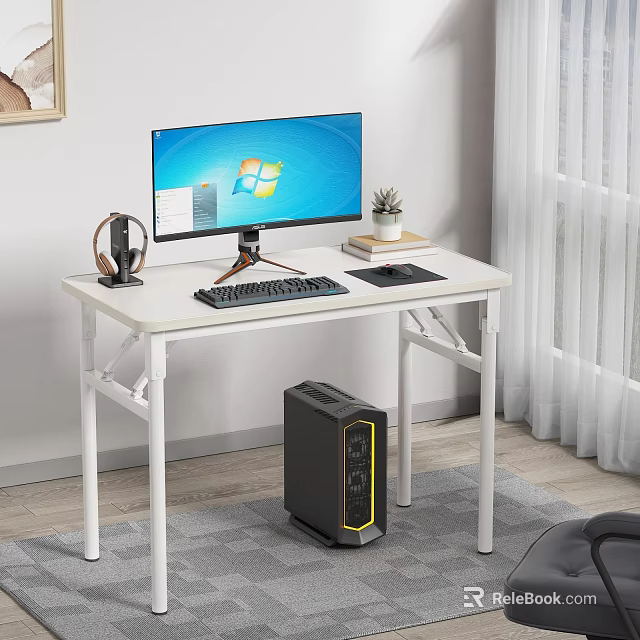 Modern White Computer Desk And Chair Set With Monitor Keyboard Headphones And Tower 3d model 