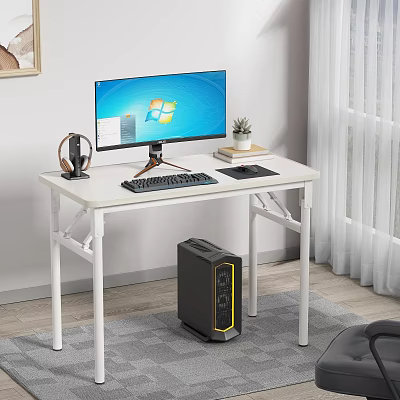 Modern White Computer Desk And Chair Set With Monitor Keyboard Headphones And Tower 3d model
