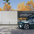 Modern Parking Garage Number 001 With Green Car Near Entrance And Yellow Autumn Trees