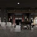 Modern Restaurant Interior With Marble Counter Hanging Lights White Chairs And Wooden Floors