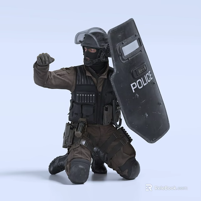 Man Wearing Tactical Gear Helmet and Mask with Police Shield in Kneeling Fist Raised Position 3d model 