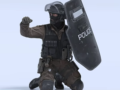 Man Wearing Tactical Gear Helmet and Mask with Police Shield in Kneeling Fist Raised Position 3d model