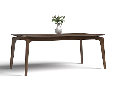 Modern Walnut Wooden Dining Table With Rectangular Top And White Vase Of Fresh Flowers 3d model