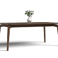 Modern Walnut Wooden Dining Table With Rectangular Top And White Vase Of Fresh Flowers