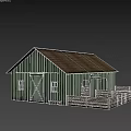 Green Wooden Barn With Brown Roof Wooden Fence And Bench
