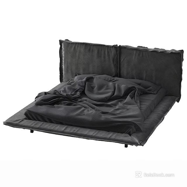 Modern Black Double Bed Design With Simple Mattress And Wrinkled Bedspread 3d model 