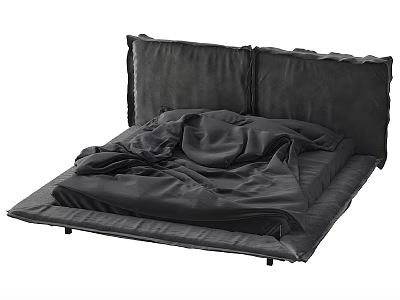 Modern Black Double Bed Design With Simple Mattress And Wrinkled Bedspread 3d model