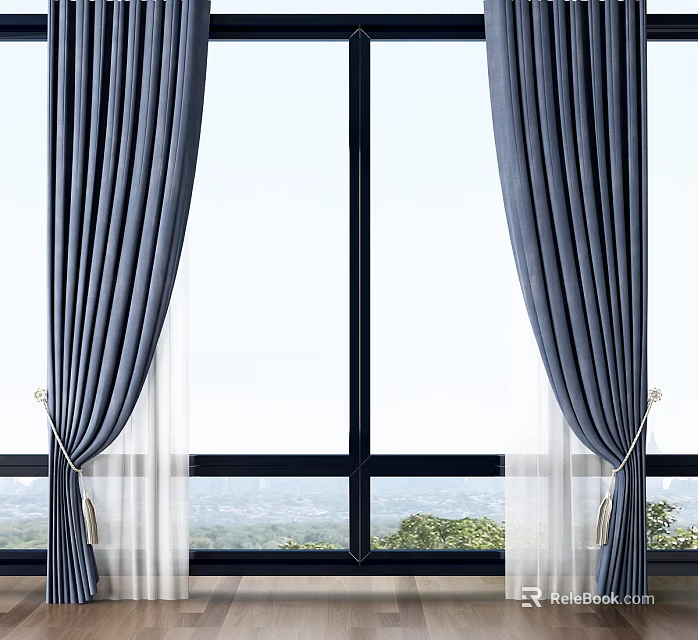 Elegant Navy Blue Textured Curtains With Sheer Panels For Large Window And Scenic View 3d model 