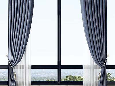 Elegant Navy Blue Textured Curtains With Sheer Panels For Large Window And Scenic View 3d model