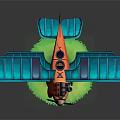 Vintage Biplane Airplane with Red Propeller Orange Body Blue Wings on Green Grass