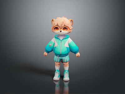 Cute Animal Character With Brown Fur Orange Eyes Turquoise Hoodie Plaid Shorts And White Sneakers 3d model