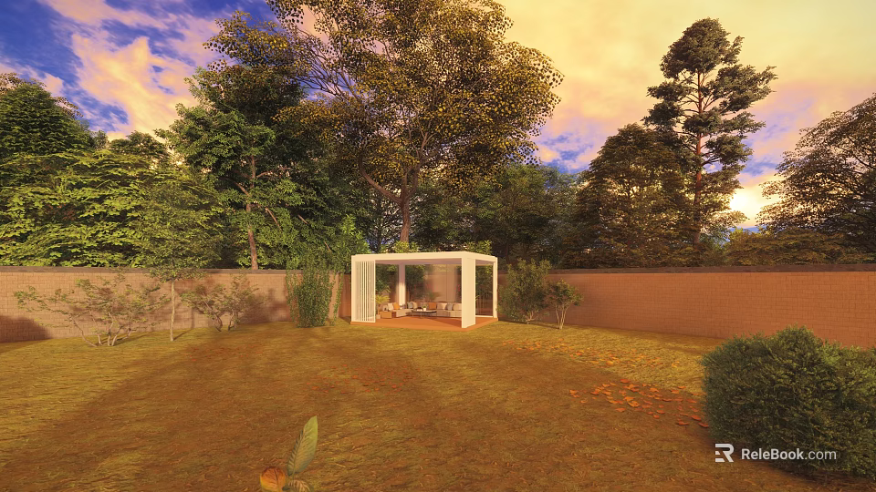 Garden Pavilion With Cozy Seating Lush Trees Green Lawn Brick Wall And Sunset Sky In Backyard 3d model 