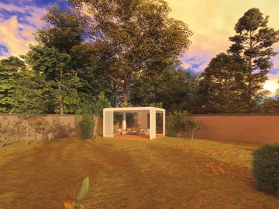 Garden Pavilion With Cozy Seating Lush Trees Green Lawn Brick Wall And Sunset Sky In Backyard 3d model
