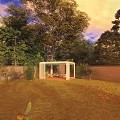 Garden Pavilion With Cozy Seating Lush Trees Green Lawn Brick Wall And Sunset Sky In Backyard