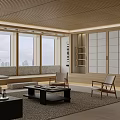 Minimalist Living And Dining Room Interior With Wooden Ceiling Large Windows And Natural Light