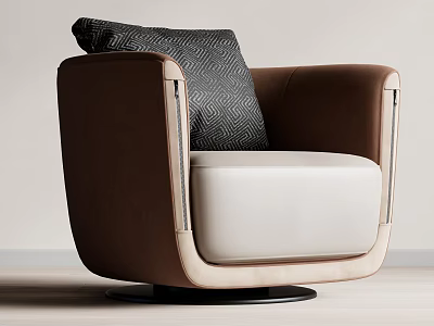 Brown And White Accent Chair With Gray Patterned Pillow And Black Round Swivel Base 3d model