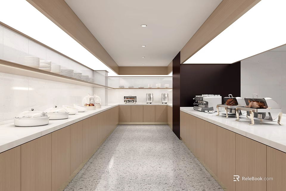 Modern Restaurant Open Kitchen With White Countertops Wooden Cabinets And Stainless Steel Appliances 3d model 