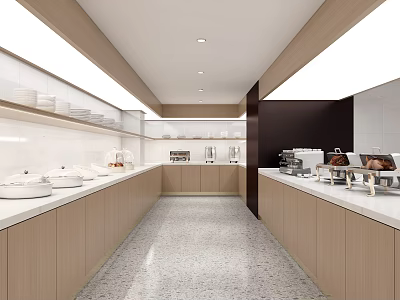 Modern Restaurant Open Kitchen With White Countertops Wooden Cabinets And Stainless Steel Appliances 3d model