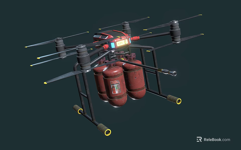 Aerial Firefighting Drone Equipped with Red Fire Extinguishers for Emergency Response 3d model 