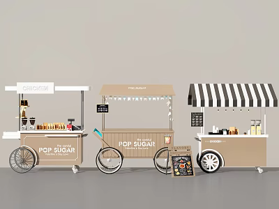 Three Food Carts With Various Designs Awnings Ice Cream And Hot Breakfast Displays 3d model