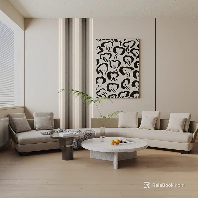 Beige Three Seater Sofa In Modern Living Room With Cushions Plant Coffee Table And Decorative Painting 3d model 