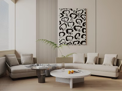 Beige Three Seater Sofa In Modern Living Room With Cushions Plant Coffee Table And Decorative Painting 3d model
