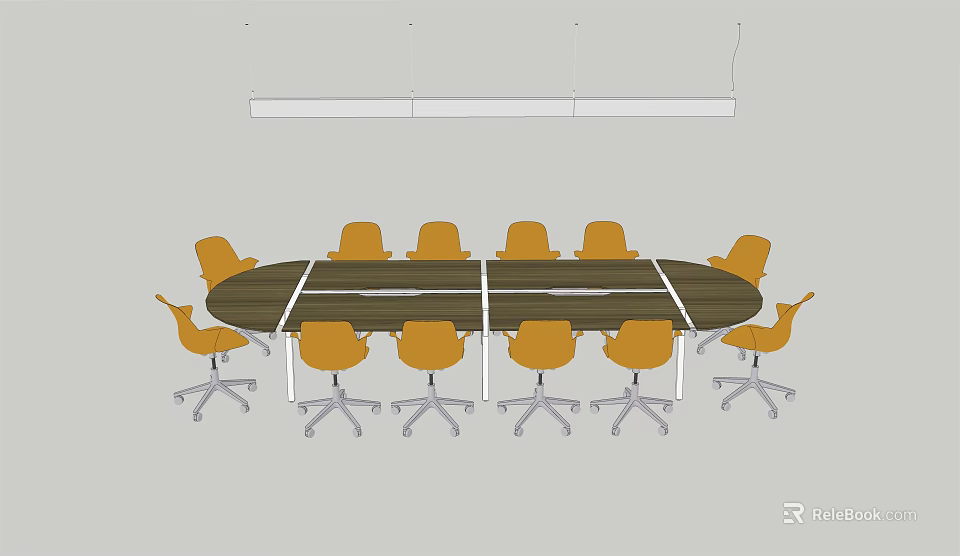Long Wooden Conference Table With Yellow Office Chairs And Hanging Lights 3d model 
