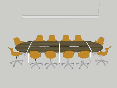 Long Wooden Conference Table With Yellow Office Chairs And Hanging Lights 3d model