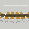 Long Wooden Conference Table With Yellow Office Chairs And Hanging Lights