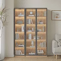 Modern Wooden Glass Door Bookcase Interior With Books Decorative Vases And Sculptures In Living Room