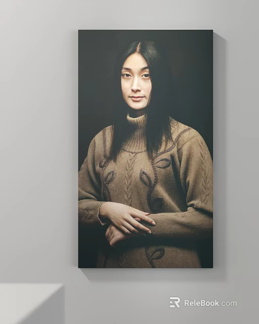 Portrait Painting of a Woman in Brown Patterned Sweater With Long Hair Against Dark Background 3d model 
