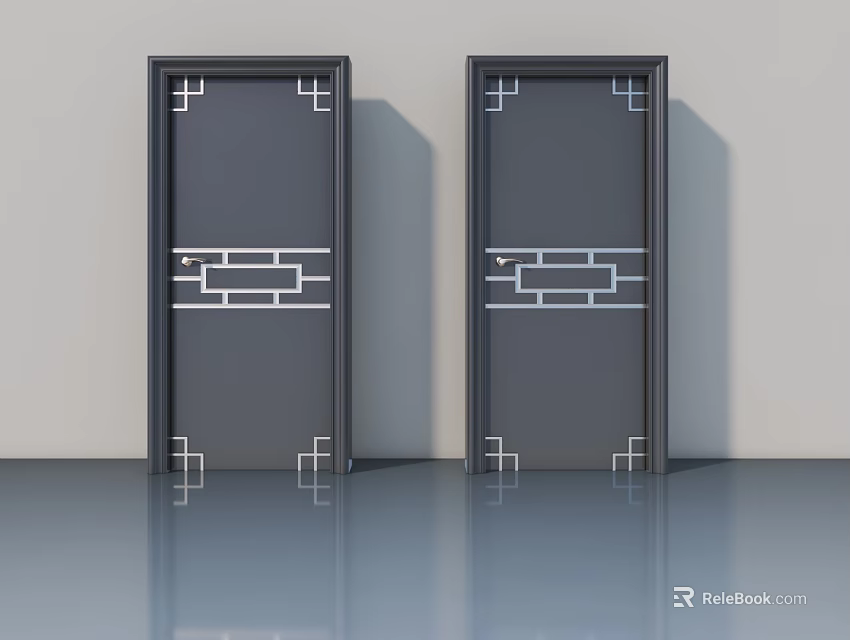 Modern Swing Doors Dark Gray With White Geometric Patterns And Stylish Frame 3d model