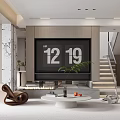 Modern Living Dining Room With Gray Sofa Marble Wall Round Coffee Table And Green Plant