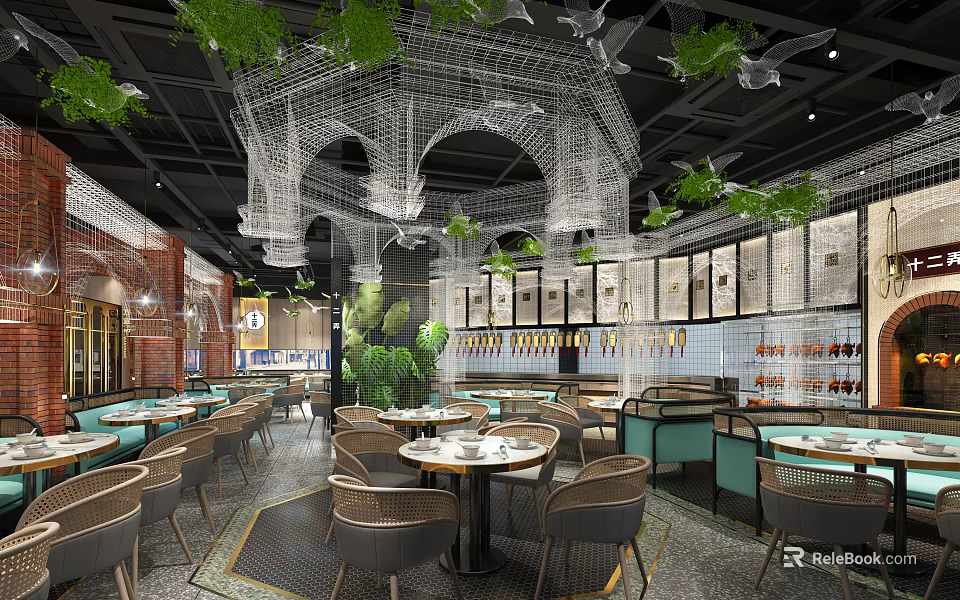 Modern Restaurant Interior With Hanging Decorative Structures Green Plants And Round Dining Tables 3d model 