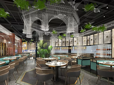 Modern Restaurant Interior With Hanging Decorative Structures Green Plants And Round Dining Tables 3d model