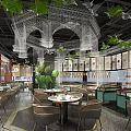 Modern Restaurant Interior With Hanging Decorative Structures Green Plants And Round Dining Tables 3d model