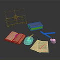 Vintage Stationery With Metal Stand Open Book Inkwell Papers And Wooden Sticks
